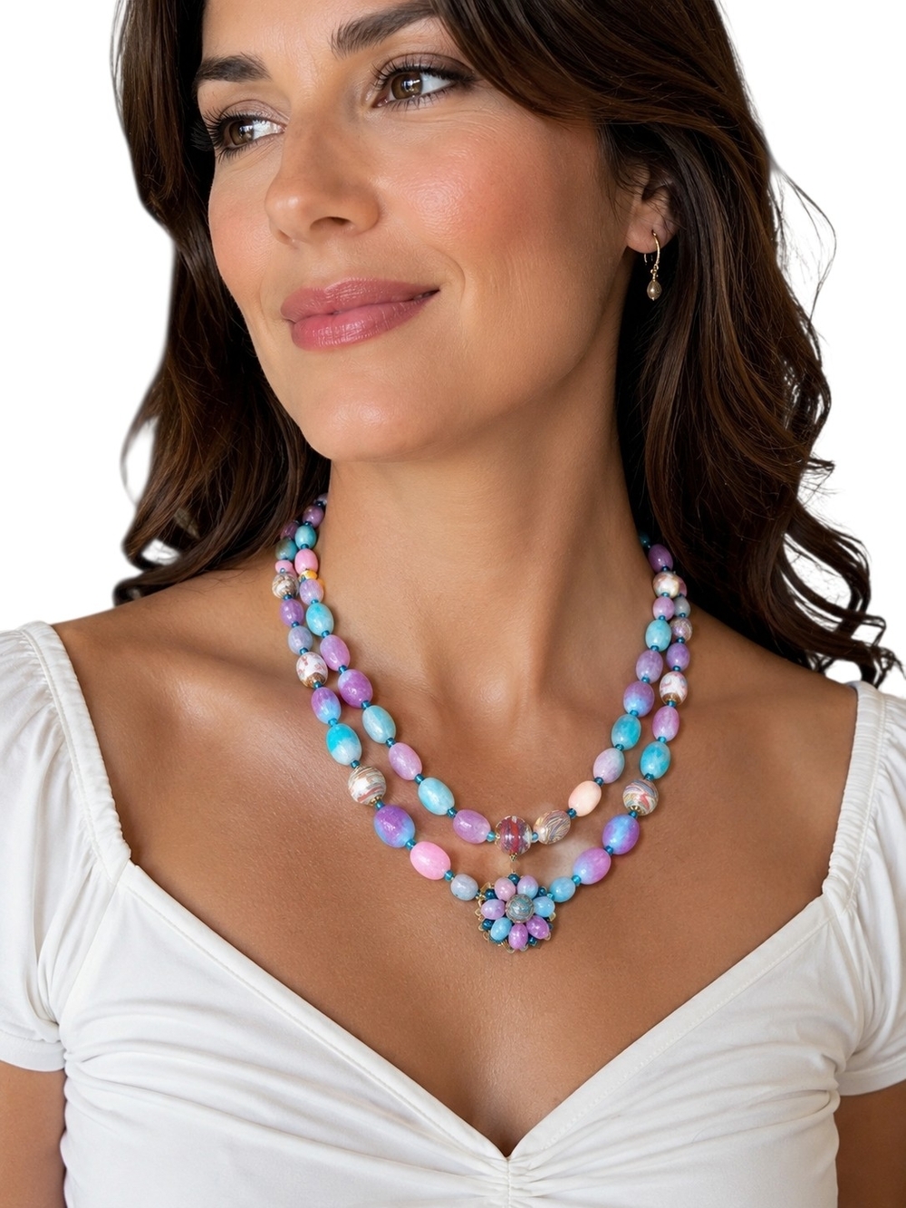 Vintage West Germany Double Strand Glass Bead Necklace Pastel Floral Clasp Rare